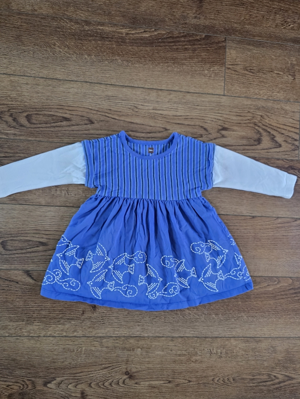 Tea Collection Blue Dress with White Sleeves and Bird Embroidery Print